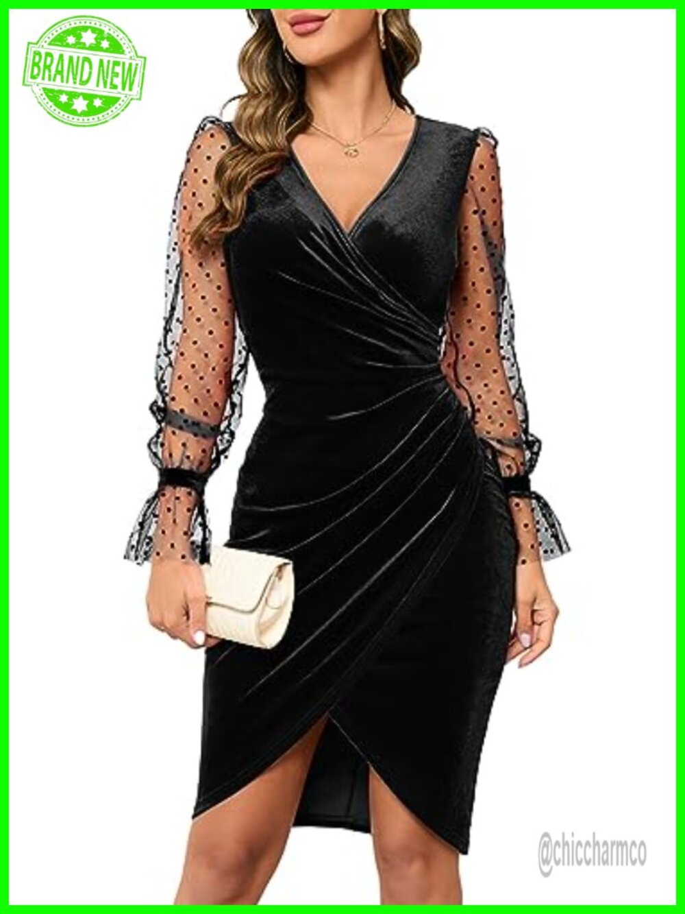 Sexy V Neck Velvet Faux Wrap Ruched Bodycon Cocktail Party Dress